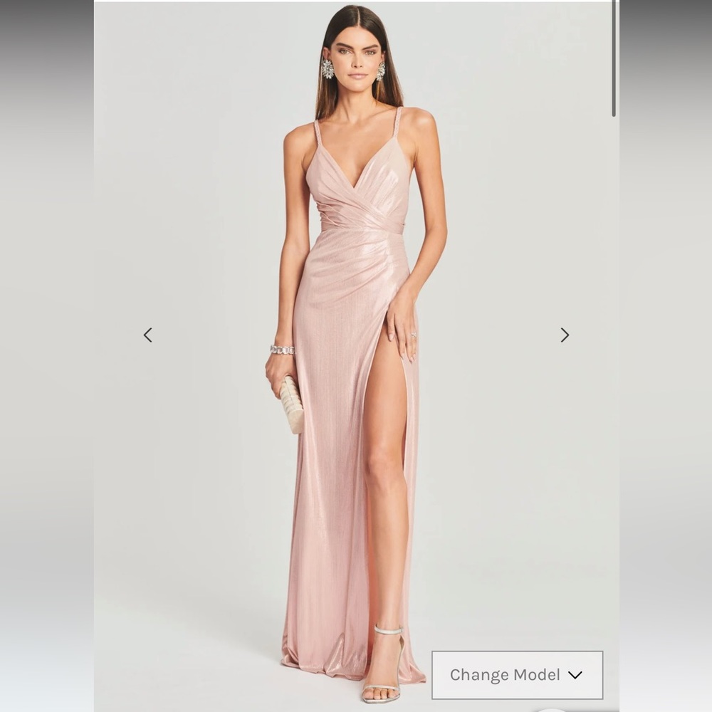 Retrofete Blush Pink Satin Draped Maxi Dress with High Slit